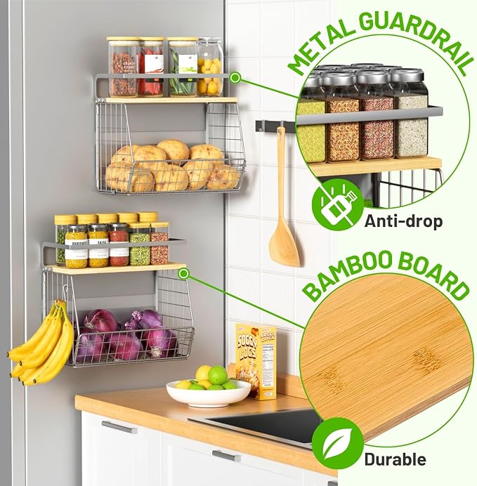 Magnetic Fridge Shelf with Wood Lid, Fruit Potato Onion Storage Bins, Pantry Organizers, Large Container Spice Rack for Refrigerator, Kitchen Counter, Cabinet (1, Silver)