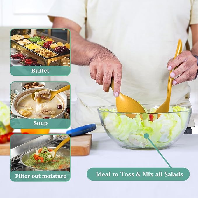 Reusable Plastic Serving Utensils Set of 18, 10" Wheat straw Large Serving set Serving Spoons/Slotted Spoons/Tongs, for Party Buffet Catering (Orange/Blue/Yellow/Green, Not for Cooking)