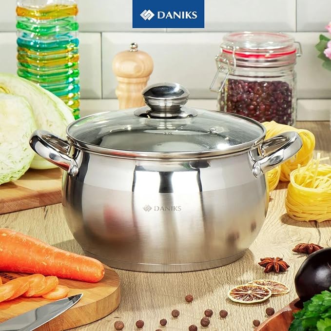 Daniks Classic 4 Quart Stainless Steel Stock Pot with Glass Lid, Tri-Ply Bottom for Even Heating, Induction Compatible, Dishwasher Safe