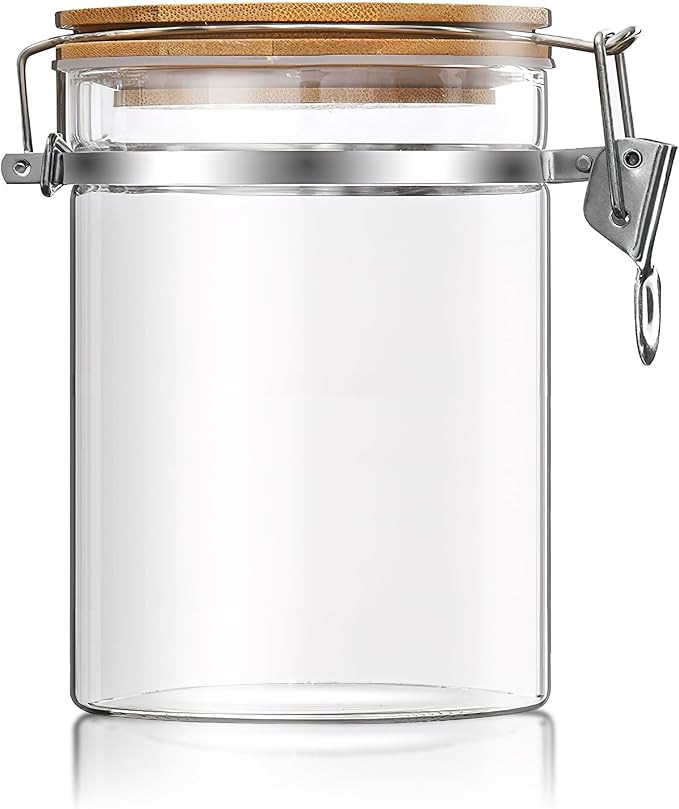 36 oz/1050ml Clear Glass Storage Canister with Airtight Bamboo Lid, Medium Decorative Container Jar for Coffee Spice Candy Salt Tea Cookie Condiment Pepper Sugar Overnight Oatmeal Snacks | 1050ml, clear decorative container jar for coffee, spices, cand...