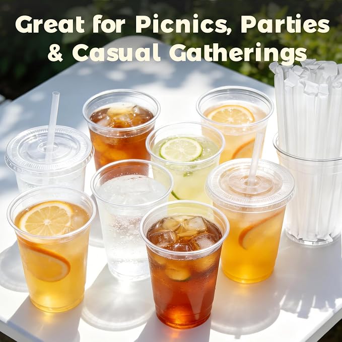Charmount 100 Sets 16 oz Plastic Cups with Lids and Straws | Clear Disposable Cups for Dirty Soda, Iced Coffee & Smoothies, Plastic Bar Supplies for Cold Drinks