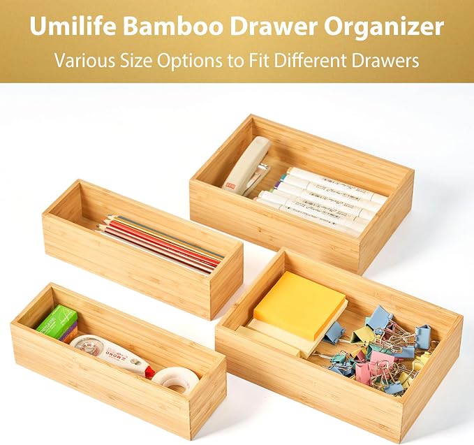 Bamboo Kitchen Drawer Organizer, Extra High Silverware Tray, Flatware Cutlery Storage Box, Multi-Use Holder in Office, Bathroom, Pantry - 9"x3"x2.5" (Set of 2)