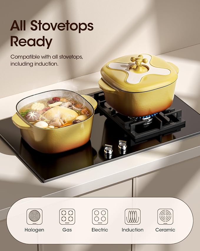 5 Quart Enameled Cast Iron Dutch Oven Pot with Lid, Bright Yellow | 6-Layer Nonstick Enamel, Extra Capacity Oval Design, Heavy Self-Basting Lid, Heat-Resistant Silicone Pad Included