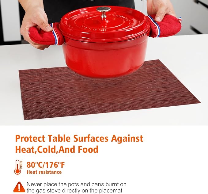 Red Vinyl Placemats Set of 8,Washable Dining PVC Table Mats | Heat resistant, stain resistant non slip vinyl place mats, washable red table placemats for dining table