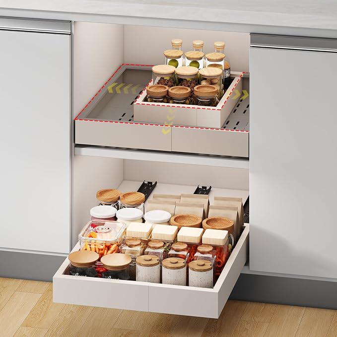 Fokyfok Pull out Cabinet Organizer,11"-16"W,17"-24"D,Expandable,Adhesive | No Drill,3 Rails,Adjustable Slide out Drawers for Kitchen,Pantry,Roll out Shelves,for Cabinets Without Lip,Bathroom,White,1PC
