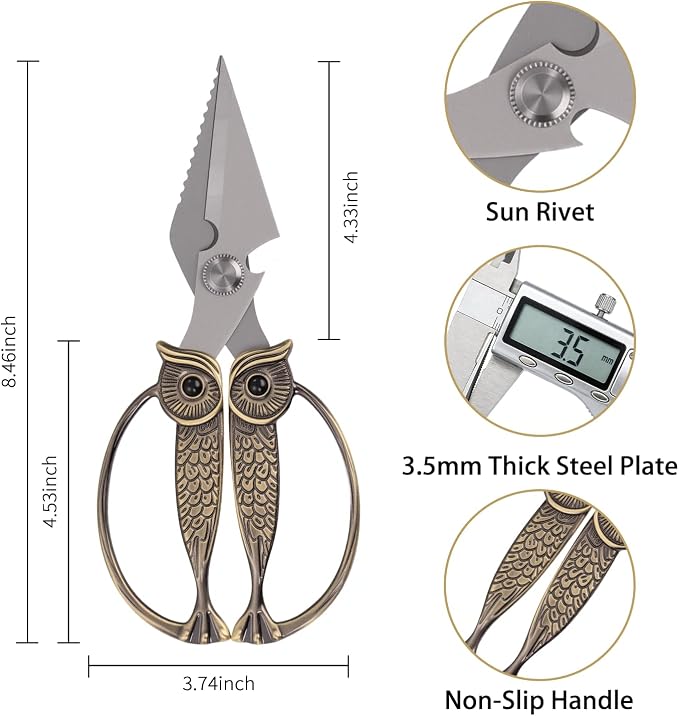 XSNBRD All Purpose Kitchen Scissors, Pearl Gold Stainless Owl Shears Large | Elegant pearl gold coating,sharp rustproof blades,owl-shaped comfort grip,easy wash,perfect cooking gift for family.