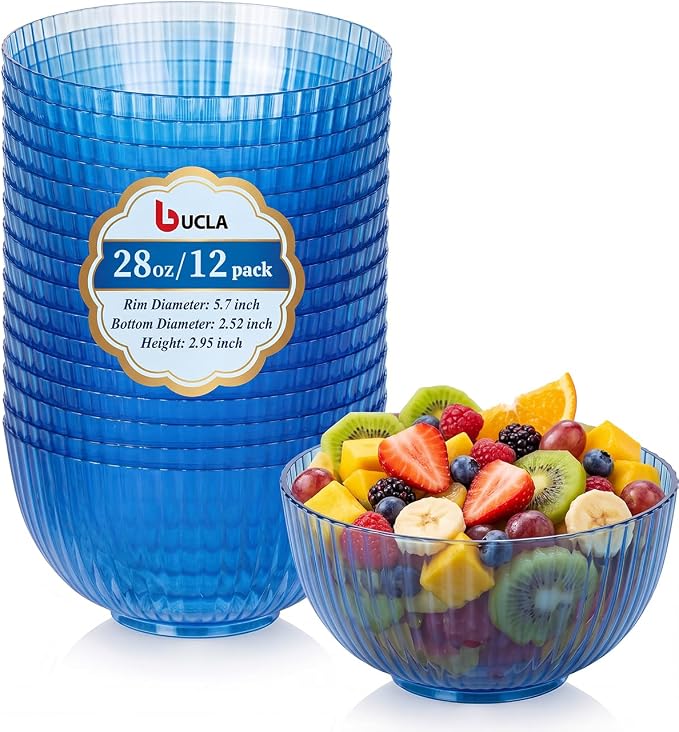 bUCLA 12 PCS Plastic Cereal Bowls Set - 28 Oz Clear Blue Disposable Vertical Stripes Serving Bowls for Snack, Salad, Dessert & Fruit