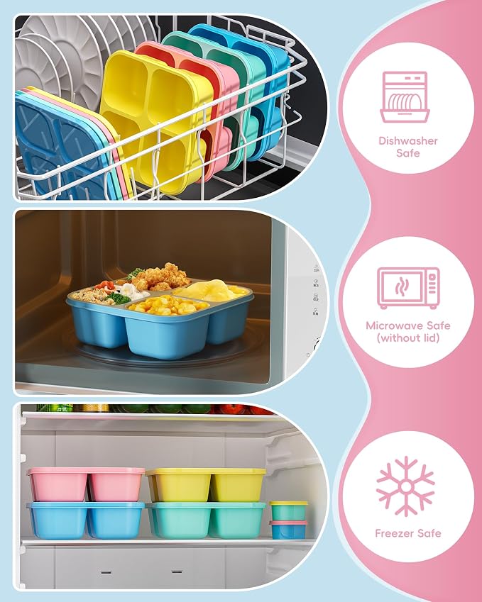 Canfanni 4 Pcs Snack Box Containers Set, Reusable 4 Compartment Lunchable Container with 2Pcs Sauce Containers, Stackable BPA-Free Bento Box for School, Work, Travel (4 Color)