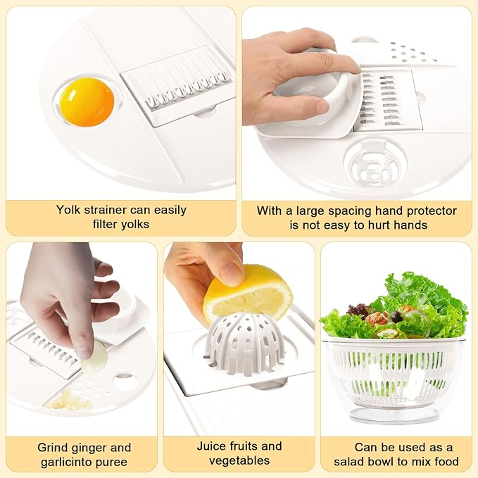 Salad Spinner Large, 5.3 QT 5 IN 1 Lettuce Spinner Dryer with 5 Blades Slicing and Pureeing Vegetables Wash Bowl Kitchen Gadgets for Efficient Salad Preparation Food Washing (White)