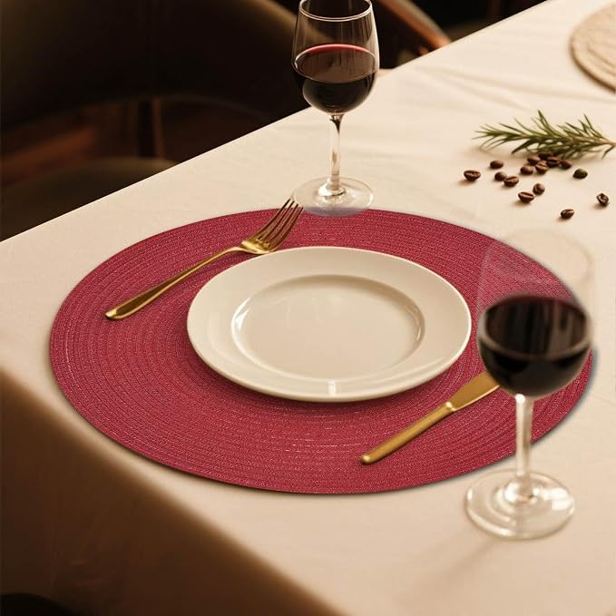 FunWheat Round Braided Placemats Set of 8 Place mats for Dining Tables Woven Heat Resistant Table Mats 15 inch (Wine,8pcs)