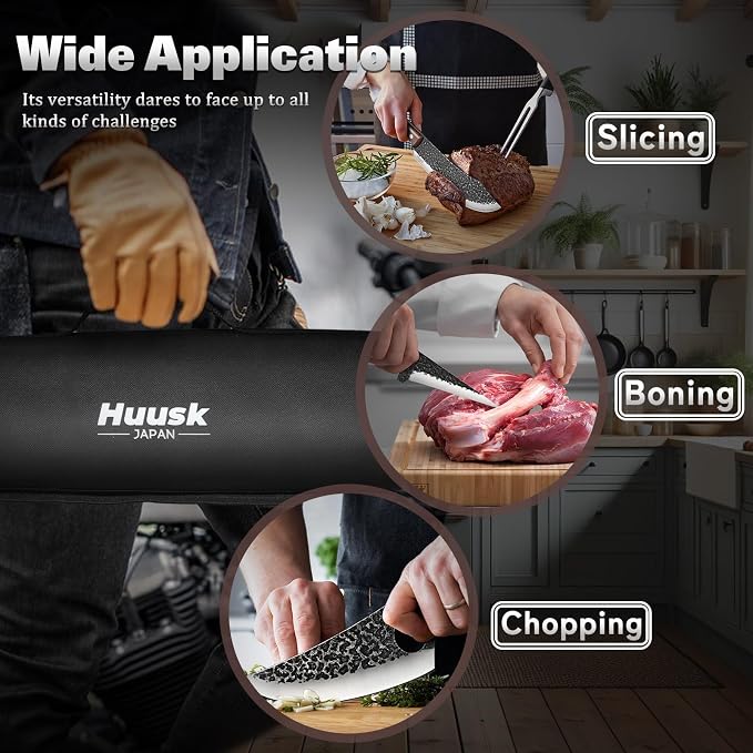 Huusk Butcher Knife Set with Roll Bag - 10PCS for Meat Processing Men Gift | High Carbon Steel, Ergonomic Ebony Grip, Viking Serbian Chef Meat Cleaver for BBQ Kitchen Outdoor Camping, Men Birthday Gift
