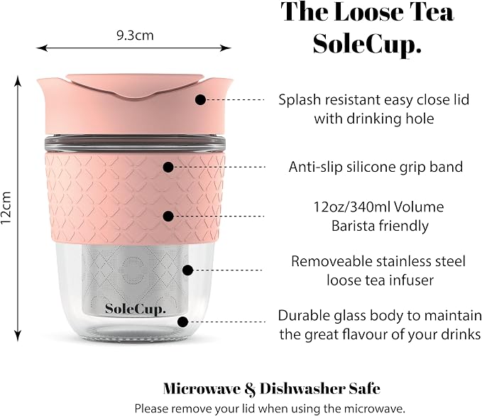 Travel Mug Loose Tea Infuser - Detachable Tea Strainer with Spillproof Lid - BPA-Free Reusable Glass Travel Coffee Cup with Silicone Band (Pink, 12oz)