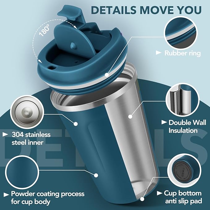 Volhoply 12 oz Double Wall Insulated Vacuum Travel Coffee Mug with Flip Lid Bulk 4 Pack,Reusable Stainless Steel Leak Proof Coffee Cup,Portable Thermal Tumbler for Hot&Cold Drinks(Assort Color,4 Set)