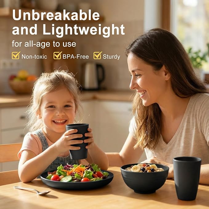 Plates and Bowls Sets for 8, Wheat Straw Dinnerware Sets 40 Piece, Unbreakable & Lightweight Dishes Set for 8, Microwave Safe Kitchen Dishes, Kitchen Essentials for New Apartment - Black