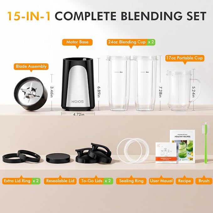 KOIOS 1000W Smoothie Blender, 15-in-1 Single Serve Set, Press-Twist Design | Personal Blender & Kitchen Countertop Smoothie Maker with 2x24oz+17oz Cup, Detachable 4-Blade, Frozen Drinks, Protein Shakes