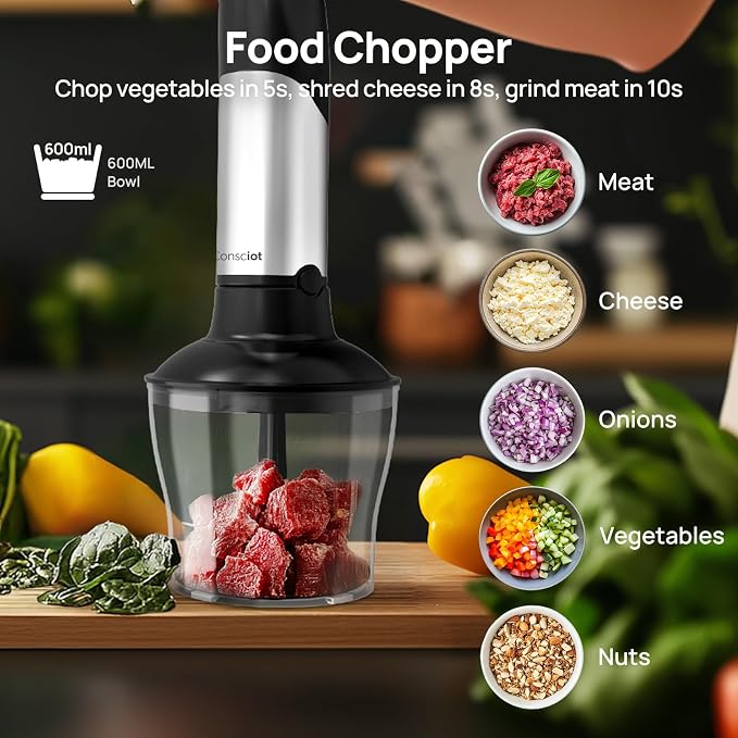 Consciot 10-in-1 Immersion Hand Blender Max 1100W, Trigger Speed Control | Entire Stainless Steel Blender Shaft, 800ml Beaker, 600ml Chopper, Beaters, Frothers, Hooks, Masher, Whisk & 600ml Cup