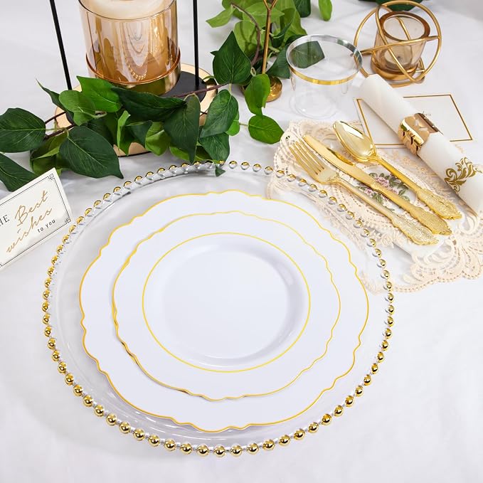 350 Pieces Gold Disposable Plates for 50 Guests, Plastic Plates for Party, Dinnerware Set of 50 Dinner Plates, 50 Salad Plate, 50 Spoons, 50 Forks, 50 Knives, 50 Cups for Wedding/Party