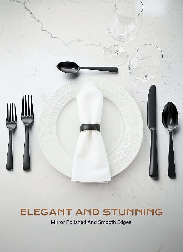 Black Silverware Set, 20-Piece Flatware Set Service for 4, Durable Stainless Steel, Mirror Polished Tableware Eating Cutlery Set, Kitchen Utensils Set with Steak Knives, Dishwasher Safe