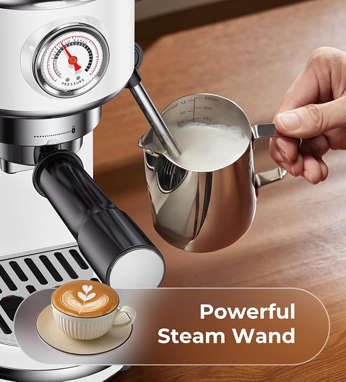 atatix 20 Bar Espresso Machine with Milk Frother, Compact Espresso Maker | Stainless Steel Coffee Machine with Precise Temp Control, 44oz Removable Water Tank for Latte, Cappuccino, White