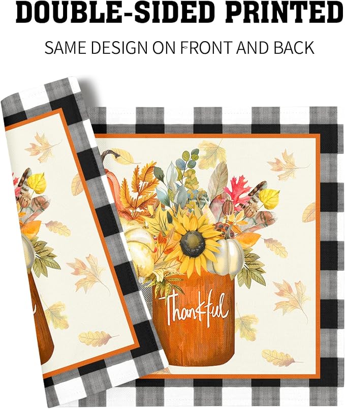 Fall Sunflower and Pumpkin Placemats Set of 4 18x12 Inch Autumn Flower Leaf Linen Place Mats Heat-Resistant Washable Wipeable Buffalo Check Plaid Table Mat for Party Kitchen Dining Room Dinner Decor
