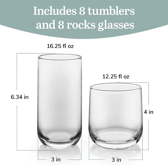 Libbey Ascent Tumbler & Rocks Drinking Glasses Set of 16, Clear Glass Cups | 16.25 oz & 12.25 oz Capacities Glasses for Water, Juice, Cocktails, and More with Curved Design and Dishwasher-Safe Care