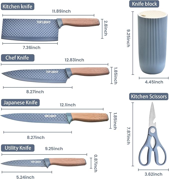 Kitchen Knife Set, Retrosohoo 6-Pieces Blue Sharp Knife Set for Kitchen, Non-stick Non-slip Stainless Steel Chef Knife Set with Universal Knife Block Suitable for Home Restaurant (Dusty Blue)