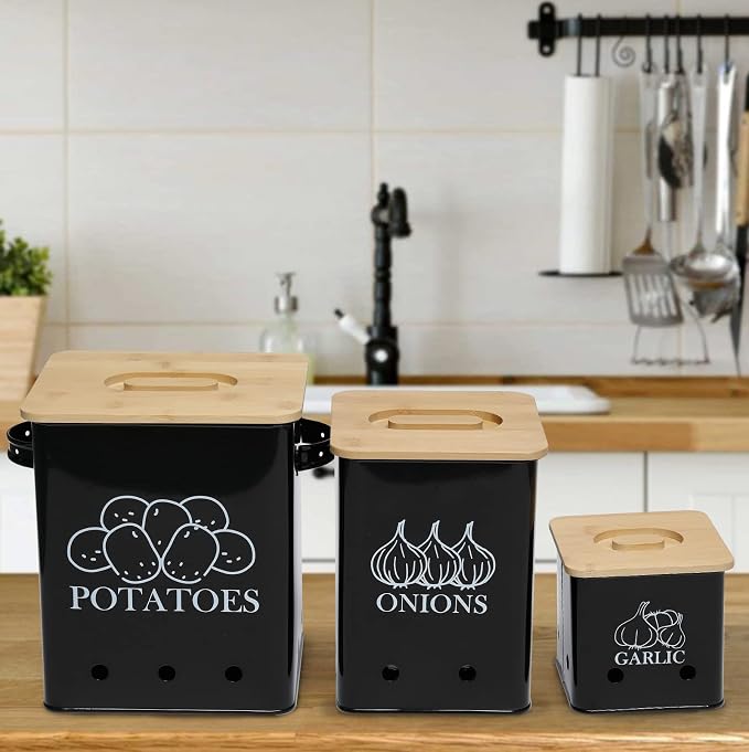 Kitchen Canisters Set, Storage Bin for Potato Onion & Garlic, 3 Pack Set Countertop Pots Containers with Wooden Lid - Potato Storage, Garlic Bin, Onion Keeper Tin with Aerating Holes-Black
