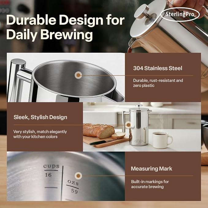 SterlingPro Extra Large Insulated Stainless Steel French Press Coffee Maker 59oz – Insulated Metal XL Double Wall Coffee Maker | Plastic Free | Cool-Touch | Mirror Finish | Makes up to 16 Cups /8 Mugs