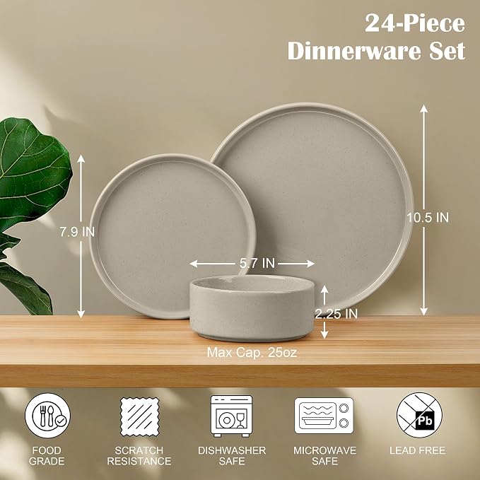 E-far Dinnerware Sets for 8, 24-Piece Stoneware Plates and Bowls Set, Khaki | Modern Kitchen Dining Dishware, Chip and Scratch Resistant, Microwave & Dishwasher Safe, Speckled Khaki