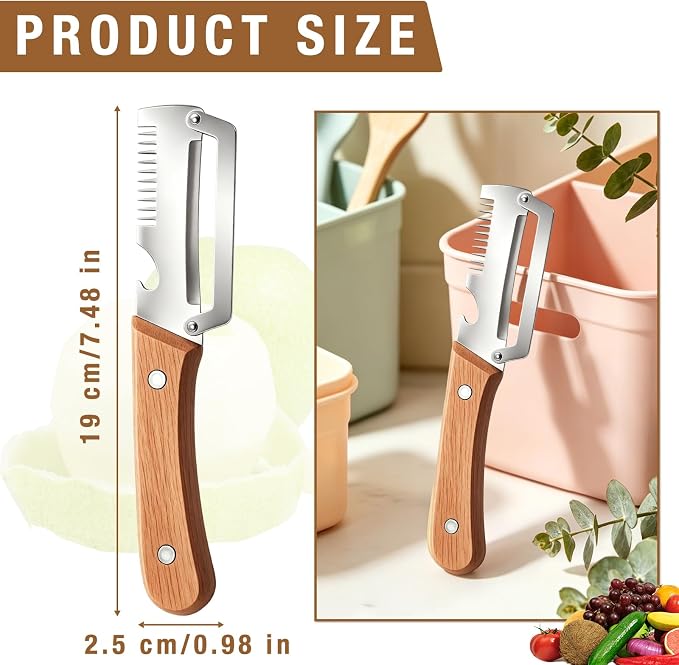 2Pcs Multifunctional Vegetable Peeler,Zero Snag Wooden Peeler,Zero Snag Wooden Kitchen Tool with Grater Bottle Opener,3 in 1 Kitchen Gadgets Stainless Steel Peelers for Pumpkin Potato Carrot Apple