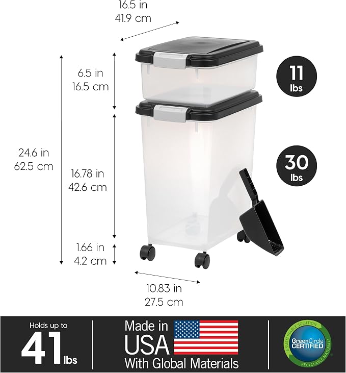 IRIS USA Dog Food Storage Container 30 lb + 11lb Airtight Combo, Stackable Pet Food Storage Bin with Wheels for Cat Dog Food, BPA Free, Made in USA, Black | Stackable Pet Food Plastic Storage Bins with Wheels for Cat and Dog Food, Made in USA