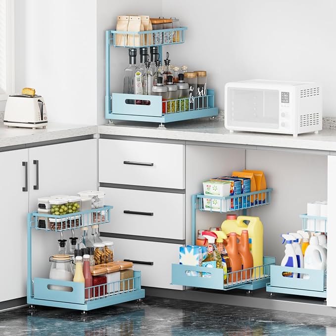 2-Pack L-Shaped Under Sink Organizer, 2-Tier Pull-out Cabinet Rack | Teal Height-Adjustable Steel Rack, Sliding Grid Drawers with PP Liners, Holds 100 Lbs, Suction Base, Ideal Kitchen Storage