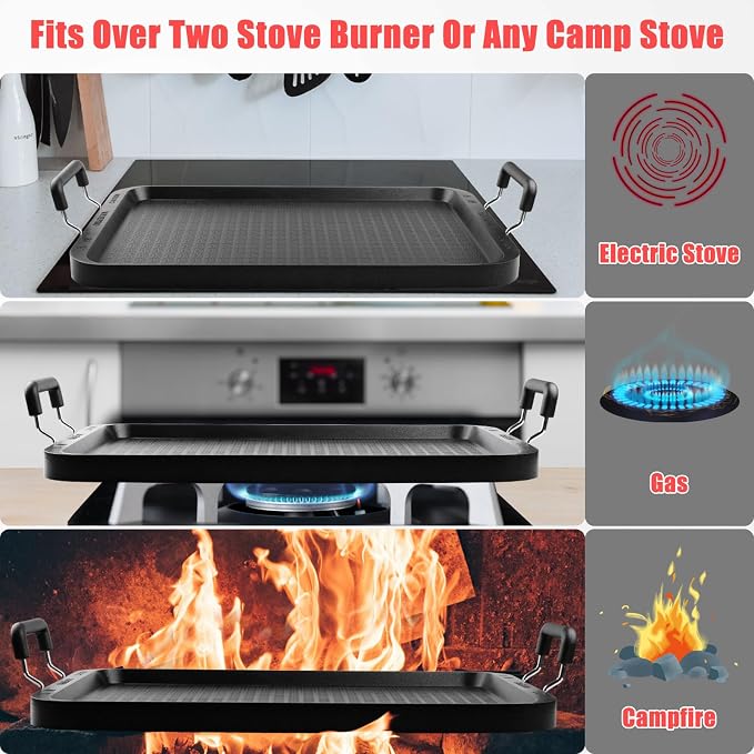 Stove Top Griddle, 22 Inch 2 Burner Large Grill Pan for Stove Top, Non-Stick Aluminum with Handles, Indoor Outdoor Cooking/Camping