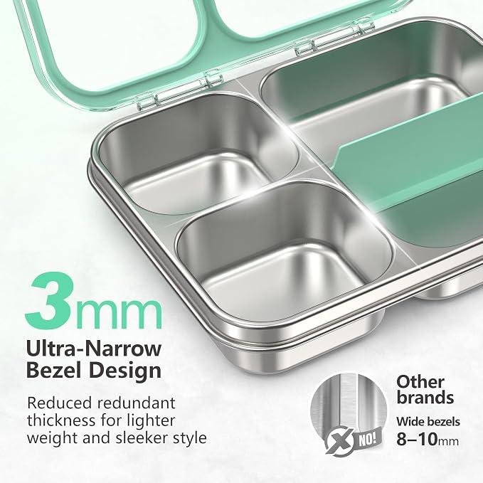 LOHASOK Stainless Steel Bento Lunch Box, 34oz/1000ml, Green | 3-Compartment, Leak Proof, Lightweight, Clear Plastic Lid, for Kids Adults, BPA/BPS Free, Dishwasher Safe