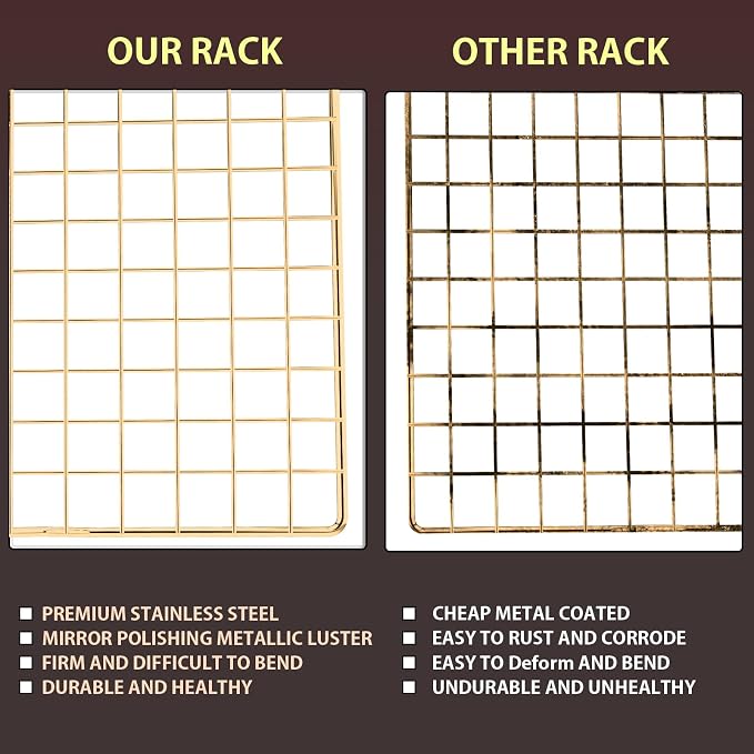 Briout 2PCS Cooling Rack for Cooking and Baking, 16" x 10" Wire Rack, Gold | Thick Wire Rack, Oven & Dishwasher Safe, for Roasting, Grilling, Drying, Fits Half Sheet Pan