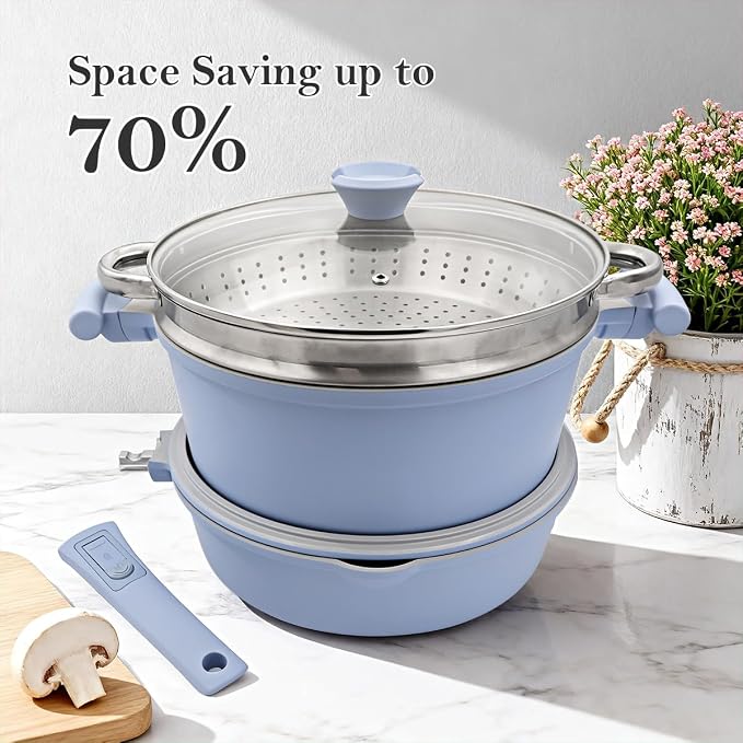 AIKENBBKK Pots and Pans Set Non Stick, Ceramic Cookware Set, Nonstick Steamer Pot and Pan for Cooking, Kitchen Cooking Set Non Toxic, Induction Compatible, Detachable Handle, Oven Safe, PFOA Free,Blue