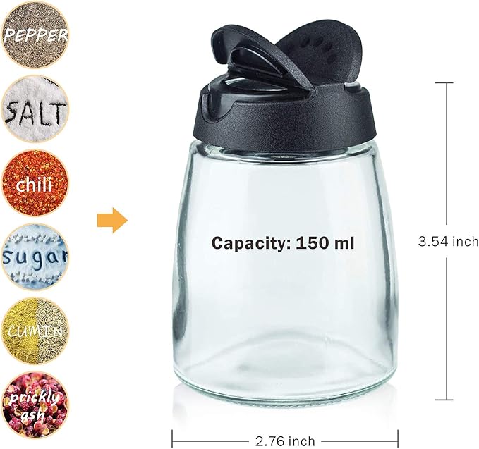 Glass Spice Jars, Double Lids Seasoning Shakers Glass Bottles Spice Shakers Sifter Barbecue Salt & Pepper Shaker Container (4PCS）