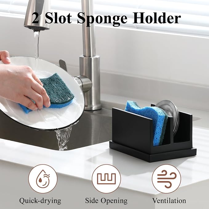 Luxspire Kitchen Sponge Holder wtih Drain Tray, 2 Compartment, Matte Black | Diatomite Stone Material, Quick-Drying & Water Absorbing stone dish sponge, For Kitchen Sink Counter, Easy to Maintain