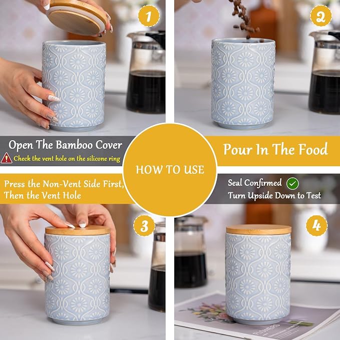 TEATALK Ceramic Canister with Bamboo Lid, Airtight Seal for Coffee, Tea, Sugar, 23 Fl Oz, Light Blue