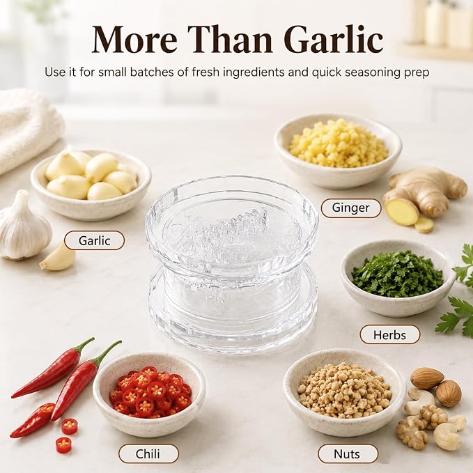 Transparent Manual Garlic Twist, Multi-Functional Mincer & Grinder for Garlic, Onion, Ginger, Herbs, Impact Resistant Kitchen Gadget