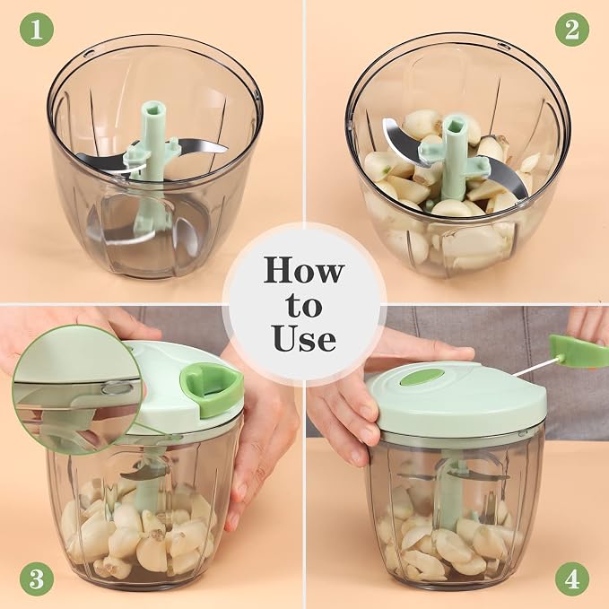 Cambom Manual Food Chopper Vegetable Cutter, Hand String Vegetable Chopper Onions Cutter for Vegetable Fruits Nuts BPA Free Food Safe Material, 900ml Green