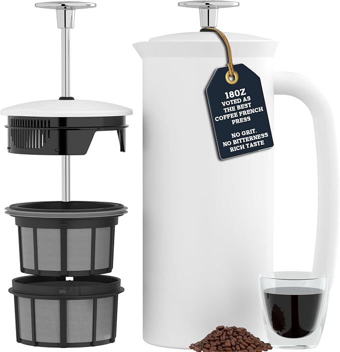 ESPRO P7 French Press, 18oz, Matte White, Stainless Steel Coffee Maker | Double Filter Coffee Press, Grit-Free Coffee, Heat Resistant Insulated tea Press, Easy Hot and Cold Coffee Brewer, Tea Brewer