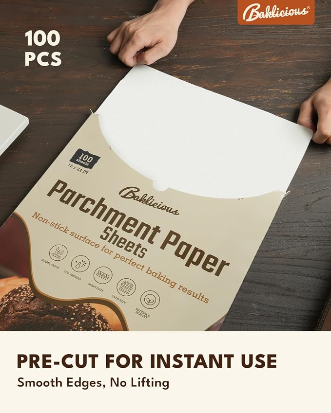 Baklicious 16x24inch 100pcs White Precut Non-Stick Full Parchment Paper | for Baking, Cooking, Grilling, Frying and Steaming, Full Sheet Baking Pan Liners, Commercial Baking
