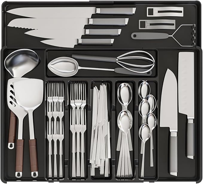 Expandable Silverware Organizers for Kitchen Drawers,Large BPA Free Cutlery Organizer in Drawer,Plastic Utensil Drawer Organizer Suitable as Flatware,Knife,Fork,Spoon,Silverware Holder and Tray,Black
