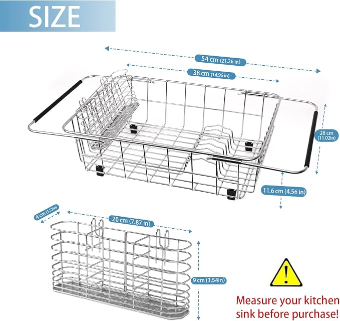 304 Stainless Steel Drying Rack, Expandable, Adjustable Inside The Sink (up to 9 Upright Utensils) | Adjustable Sink Dish Drying Rack, Expandable Stainless Steel Organizer, Fits Most Sinks, Holds Up to 9 Upright Utensils