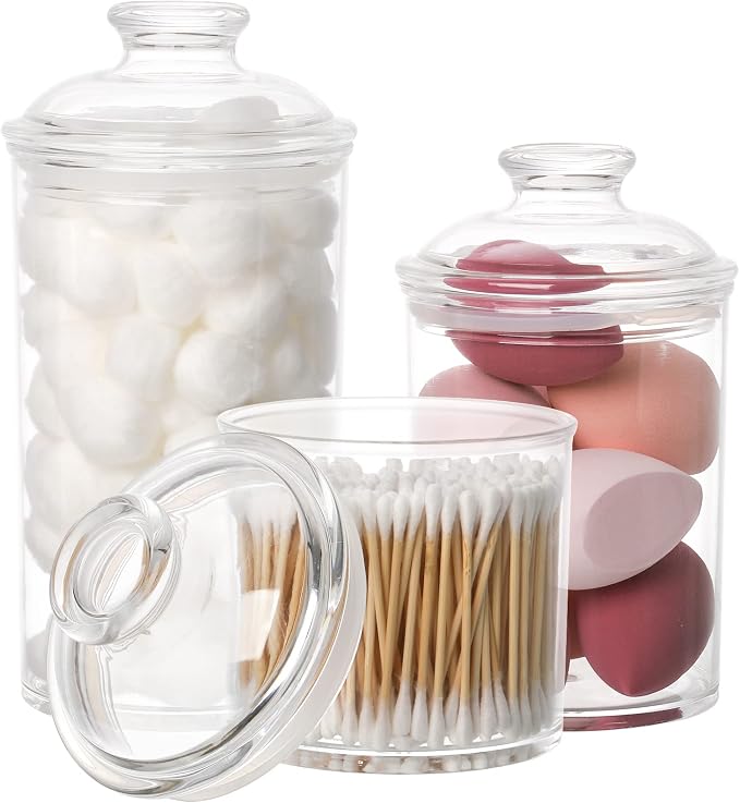 Lyellfe 3 Pack Acrylic Apothecary Jars, Vanity Canister with Airtight Lid | Bathroom Cotton Swab Holder, Clear Storage Jar for Candy, Bath Salt, Cotton Ball, 34 oz, 25 oz, 17 oz