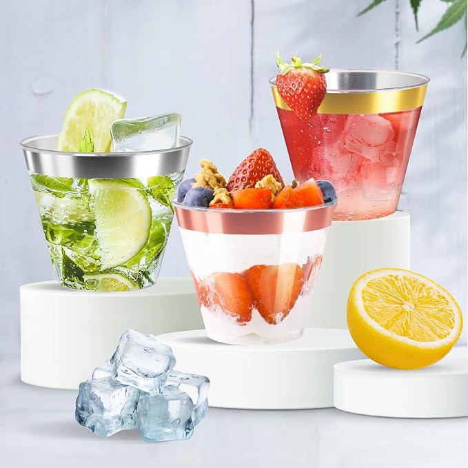 [200 Pack] 9oz Clear Plastic Cups with Rose Gold Rimmed Sturdy & Food Safe Disposable Wine Glasses Party Wedding Disposable Drinking Cups Plastic Cocktail Glasses for Wine, Juice & Cold Beverages