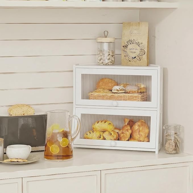 BAMBANG Corner Bread Box for Kitchen Countertop, Double Layer Bamboo Bread Storage Container with Wavy Windows, Farmhouse Large Bread Bin, Wooden Breadbox Holder for Homemade Bread (White)