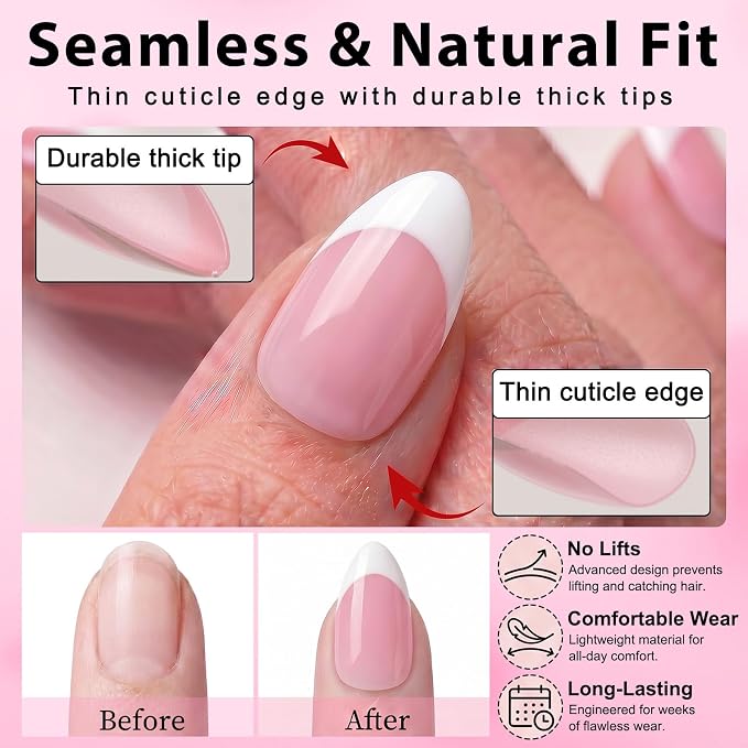 240pc Short Almond French Tip Press on Nails Pink Fake Nails with Glue Tab | Almond Nails Press ons Short Glue on Nails Acrylic Nails Stick False Nail Artificial Fingernail for Women Girls