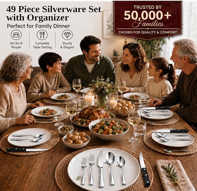 49-Piece Silverware Set with Organizer, Stainless Steel Flatware Utensils Set for 8, Forks and Spoons Silverware Set Cutlery Set with Steak Knives, Dishwasher Safe
